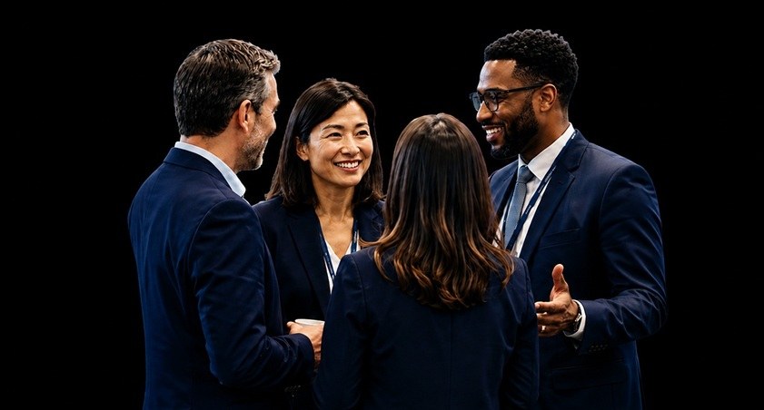Legal professionals talking between sessions at a Forum event